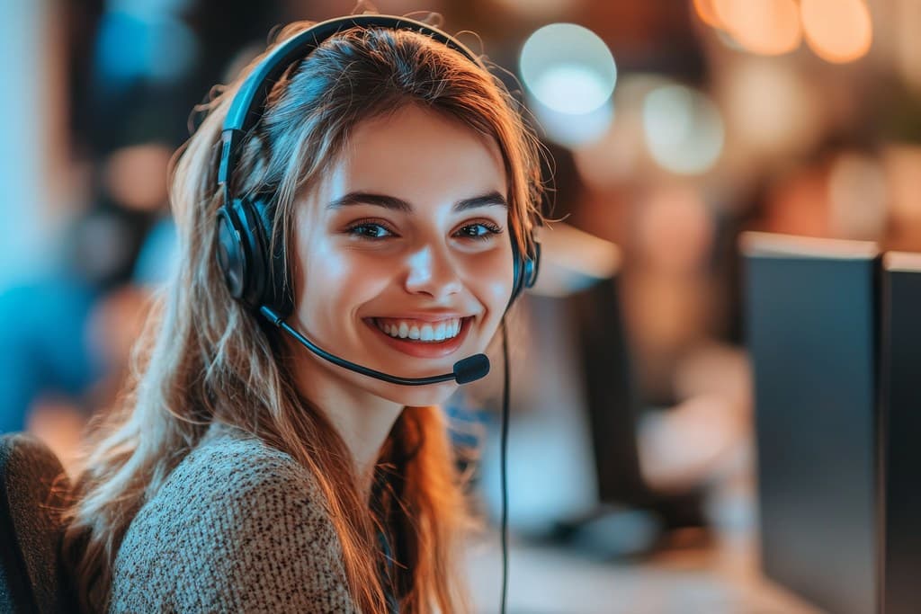 Customer support agent using a computer with an AI chat and voice assistant interface on screen